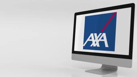 Modern computer screen with AXA logo. Editorial 3D rendering Illustrazione stock