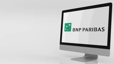 Modern computer screen with BNP Paribas logo. Editorial 3D rendering Stock Illustration