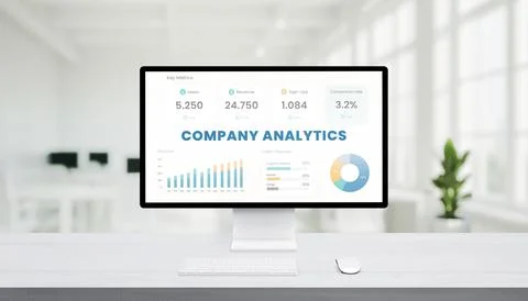 Modern computer screen in bright office showing company analytics dashboard.. Stock Photos