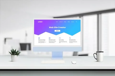 Modern computer screen on desk showcases purple-blue Web Site Creator Stock-Fotos