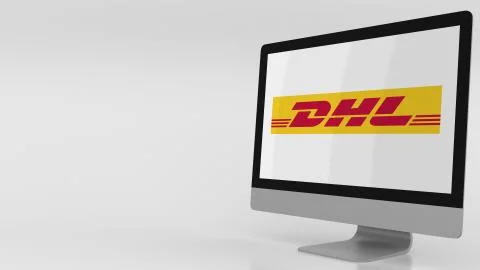 Modern computer screen with DHL logo. Editorial 3D rendering Stock Illustration