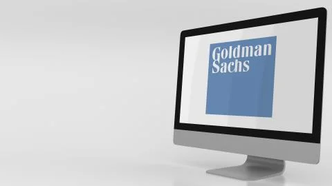 Modern computer screen with Goldman Sachs logo. Editorial 3D rendering Stock Illustration