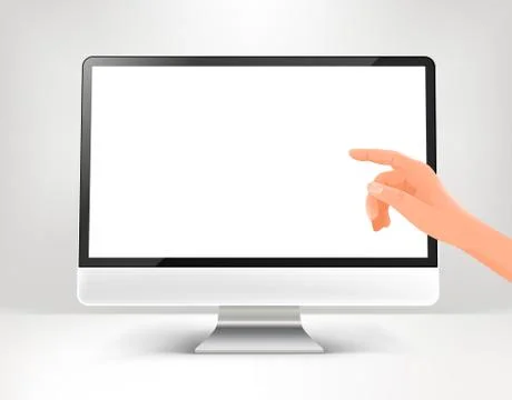 Modern computer screen with hand pointing to the screen. Vector mockup Illustrazione stock