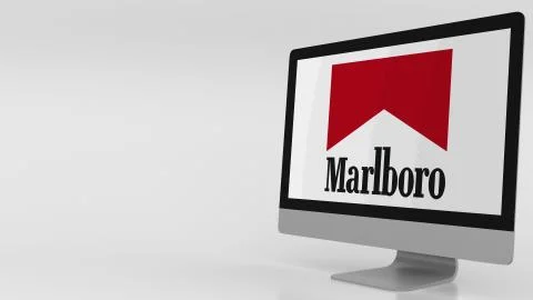 Modern computer screen with Marlboro logo. Editorial 3D rendering Illustrazione stock