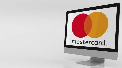 Modern computer screen with Mastercard logo. Editorial 3D rendering Stock Illustration