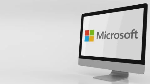 Modern computer screen with Microsoft logo. Editorial 3D rendering Stock Illustration