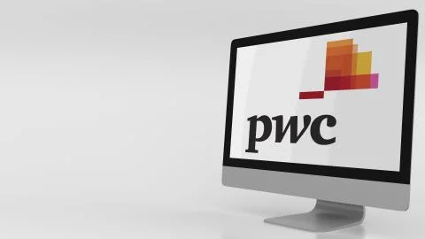 Modern computer screen with PwC logo. Editorial 3D rendering Stock Illustration