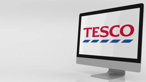 Modern computer screen with Tesco logo. Editorial 3D rendering Stock Illustration