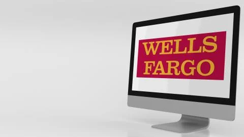 Modern computer screen with Wells Fargo logo. Editorial 3D rendering Stock Illustration