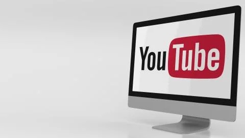 Modern computer screen with Youtube logo. Editorial 3D rendering Illustrazione stock