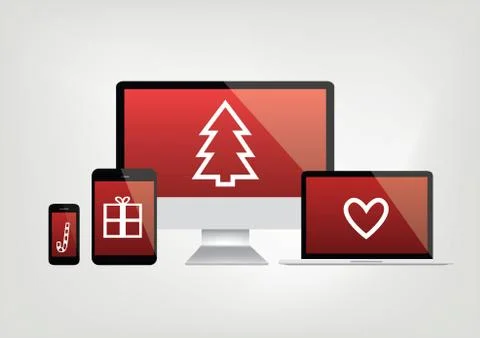 Modern computer screens, notebook, phone, laptop displays - red screen with c Illustrazione stock