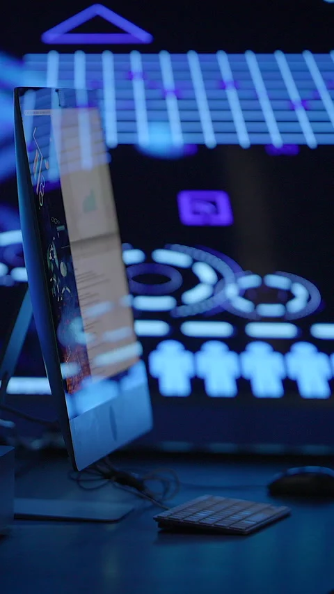 Modern Computer Setup with Impressive Digital Display and Advanced Data Stock Footage 295869862