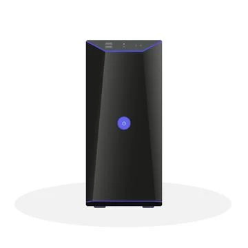 Modern computer system unit in black with a large power button, operation Stock Illustration