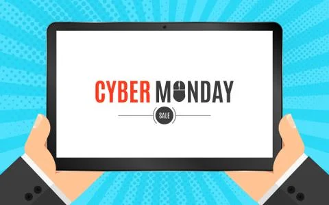 Modern computer tablet in hand with the inscription cyber Monday sale. Blue b Stock Illustration