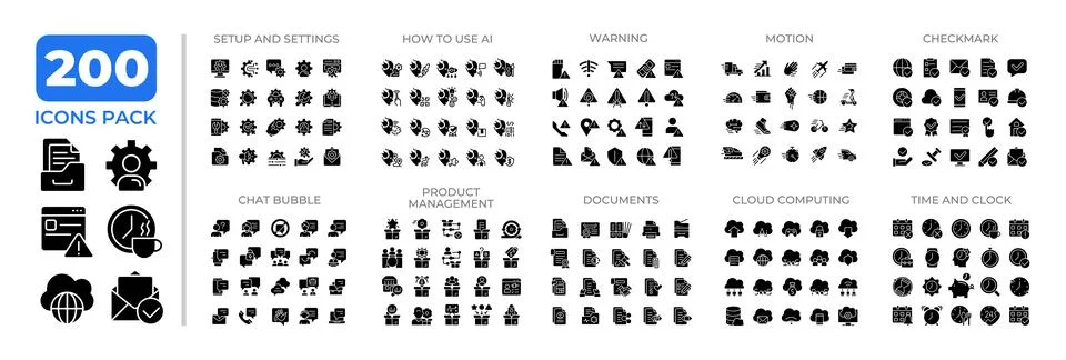 Modern computer technology glyphs icon set collection Stock Illustration