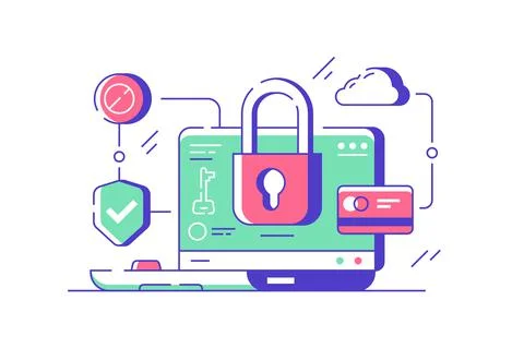 Modern computer using application with data protection program. Stock Illustration