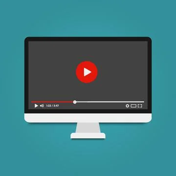 Modern computer with video player on screen. Online video, watch movies Stock Illustration