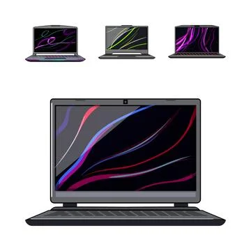 Modern computing laptops displaying vibrant abstract designs Stock Illustration