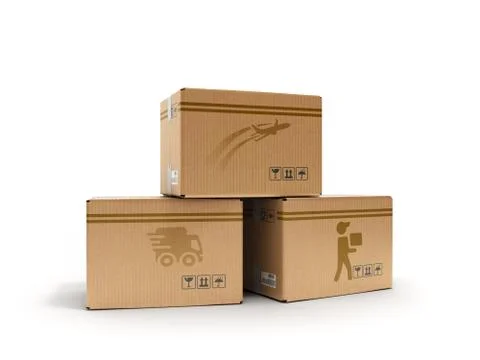 Modern concept of all types of delivery boxes with images of the aircraft car Stock Illustration