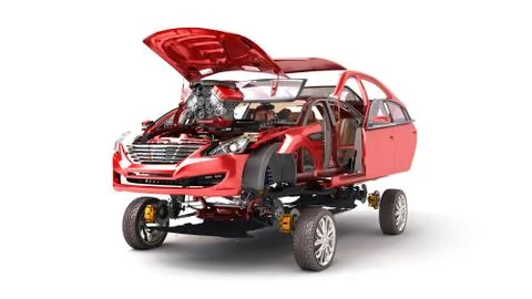 Modern concept of auto repair work Details of the red car on  a white backgro Stock Illustration