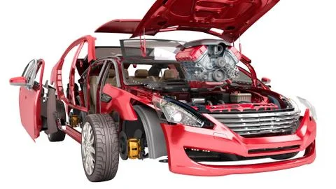 Modern concept of auto repair work Details of the red car on a white backgrou Stock Illustration