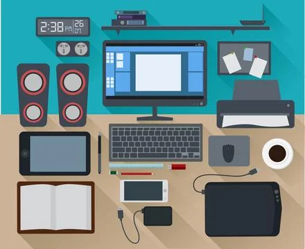 Modern Concept Creative Workspace Office Computer Flat Design, Vector Illus.. Stock Illustration
