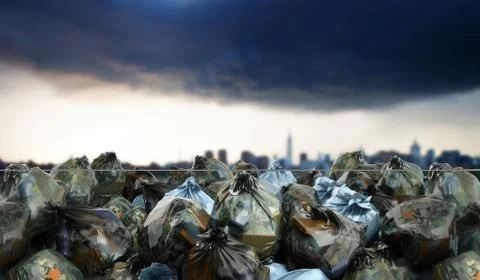 Modern concept of environmental problems close up of a garbage bags stack 3d  Stock Illustration