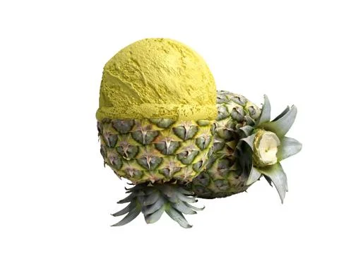 Modern concept of fruit ice cream A pineapple ice cream ball lies on a roaste 스톡 일러스트