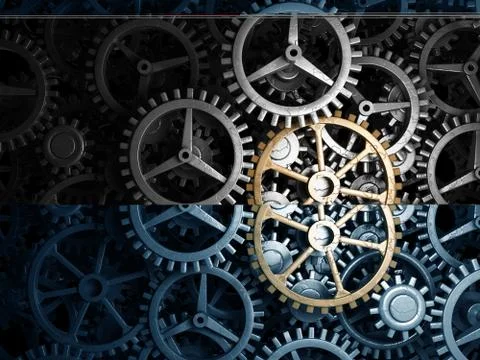 Modern concept of a key element golden gear as a link 3d render illustration Illustrazione stock