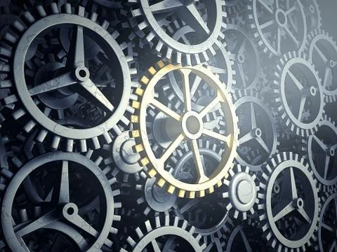 Modern concept of a key element golden gear as a link 3d render illustration Illustrazione stock