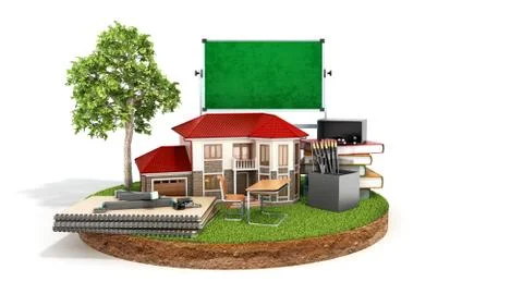 Modern concept of learning at home The graduates hat is pinned at home standi Stock Illustration