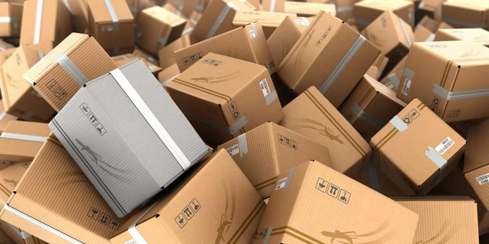 Modern concept of a lost parcel mountain from the boxes as a background 3d re Illustrazione stock
