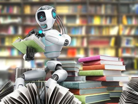 Modern concept of piece intelligence robot is reading books sitting on a pile 스톡 일러스트