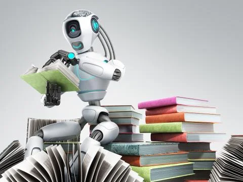 Modern concept of piece intelligence robot is reading books sitting on a pile Stock Illustration