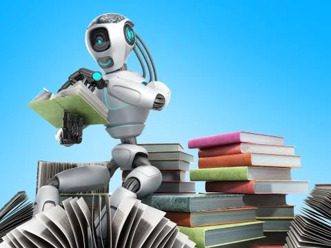 Modern concept of piece intelligence robot is reading books sitting on a pile 스톡 일러스트