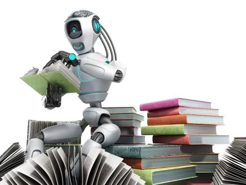 Modern concept of piece intelligence robot is reading books sitting on a pile 스톡 일러스트