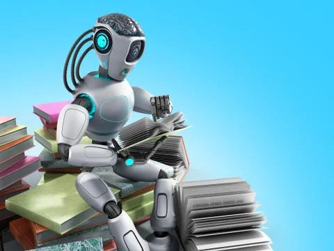 Modern concept of piece intelligence robot is reading books sitting on a pile 스톡 일러스트
