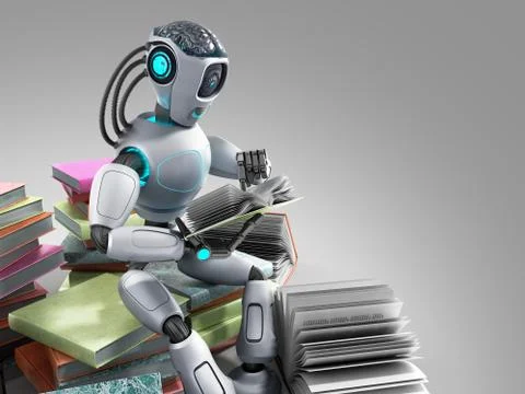 Modern concept of piece intelligence robot is reading books sitting on a pile Stock Illustration