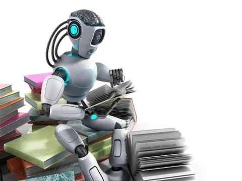 Modern concept of piece intelligence robot is reading books sitting on a pile Stock Illustration