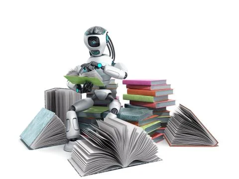 Modern concept of piece intelligence robot is reading books sitting on a pile Illustrazione stock