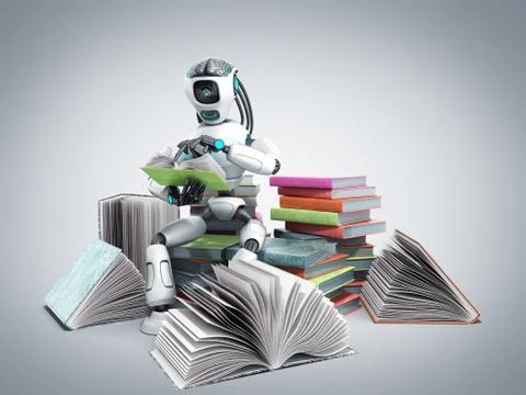 Modern concept of piece intelligence robot is reading books sitting on a pile Stock Illustration