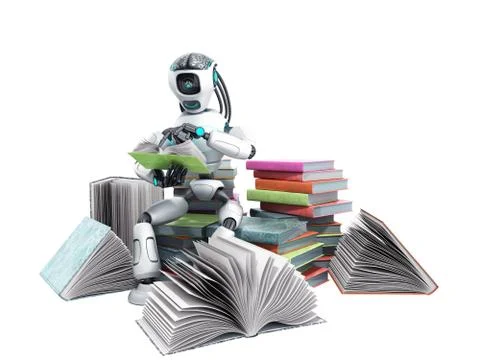 Modern concept of piece intelligence robot is reading books sitting on a pile Illustrazione stock