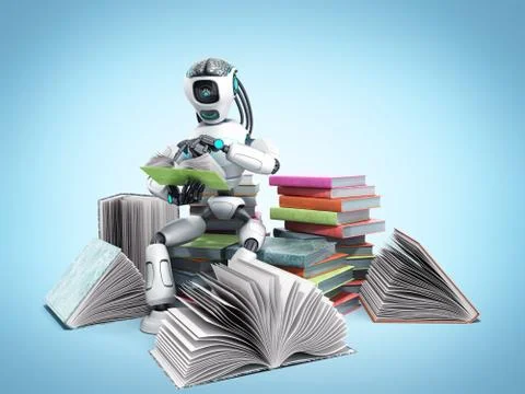 Modern concept of piece intelligence robot is reading books sitting on a pile Illustrazione stock