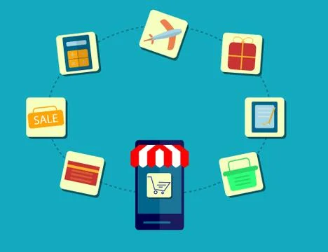 Modern Concept of Purchasing Product Via Internet, Mobile Shopping Communicat Stock Illustration