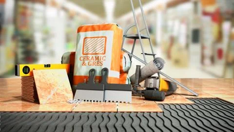 Modern concept of tile laying tools and building materials for laying tiles o Stock Illustration
