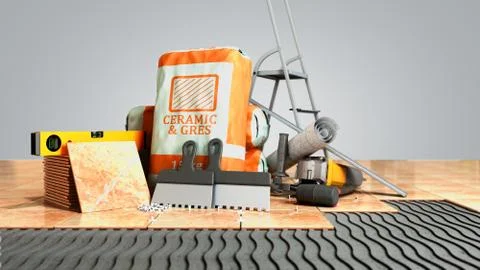 Modern concept of tile laying tools and building materials for laying tiles o Stock Illustration