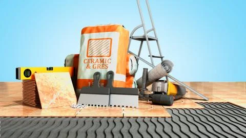 Modern concept of tile laying tools and building materials for laying tiles o Stock Illustration