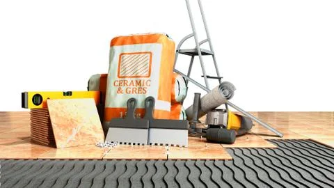 Modern concept of tile laying tools and building materials for laying tiles o Ilustración de archivo