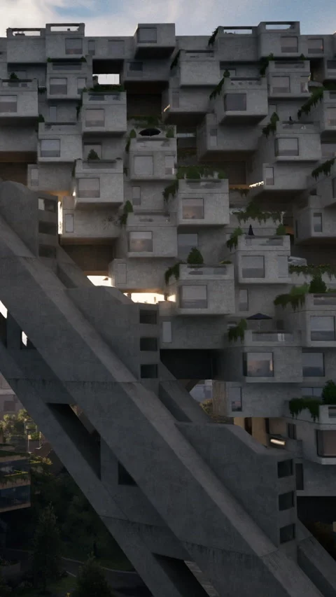 Modern concrete building design features green elements and unique structure Stock Footage 341964434