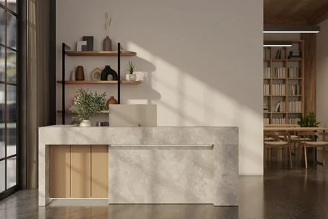 Modern concrete reception counter desk with wood cabinet, computer, plant a.. Stock Illustration